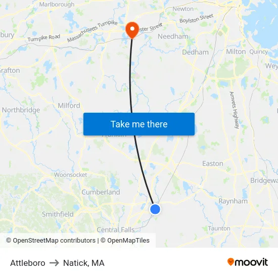 Attleboro to Natick, MA map
