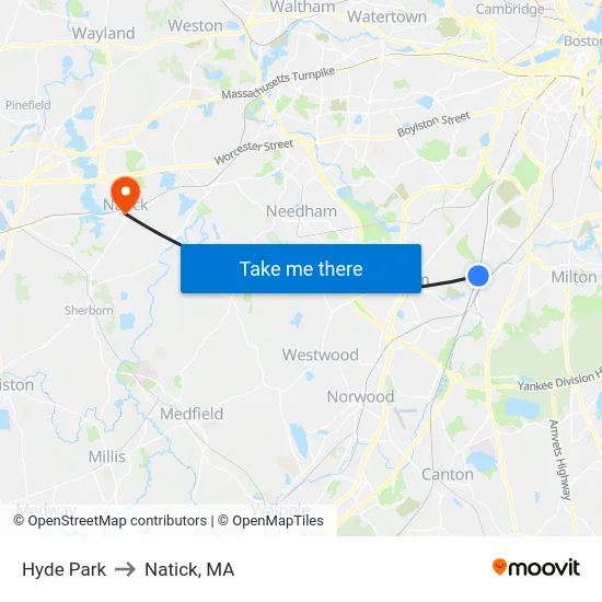 Hyde Park to Natick, MA map