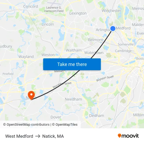 West Medford to Natick, MA map