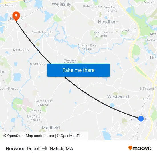 Norwood Depot to Natick, MA map
