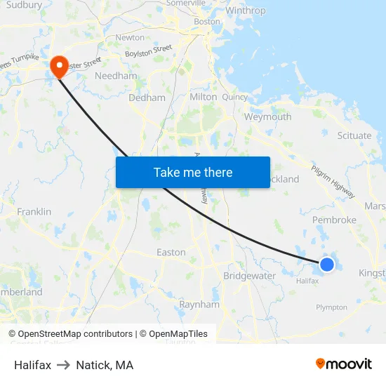 Halifax to Natick, MA map
