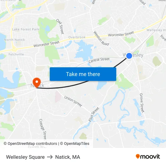 Wellesley Square to Natick, MA map