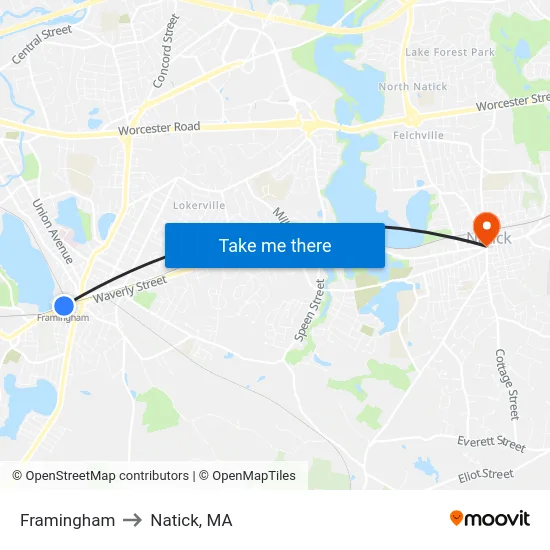 Framingham to Natick, MA map