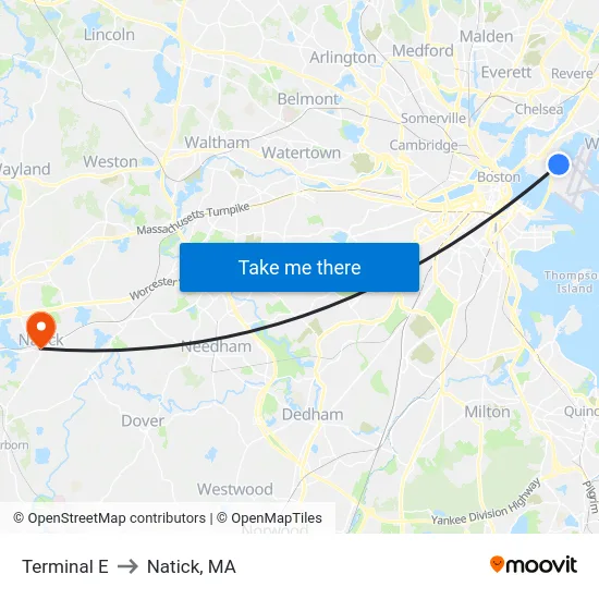 Terminal E to Natick, MA map