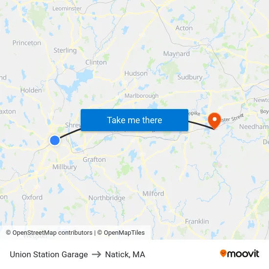 Union Station Garage to Natick, MA map