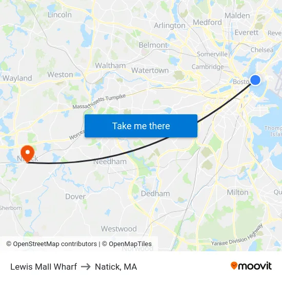Lewis Mall Wharf to Natick, MA map