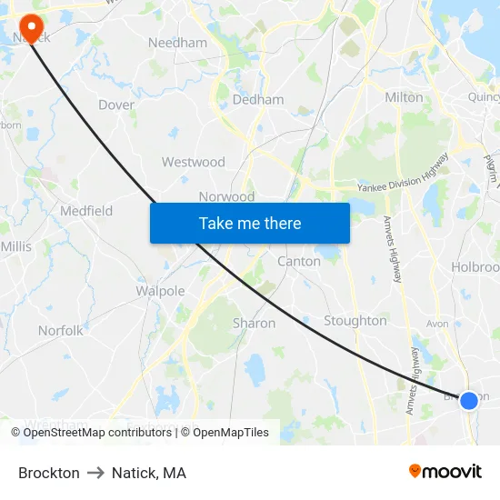 Brockton to Natick, MA map