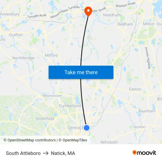 South Attleboro to Natick, MA map