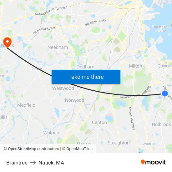 Braintree to Natick, MA map