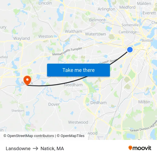 Lansdowne to Natick, MA map