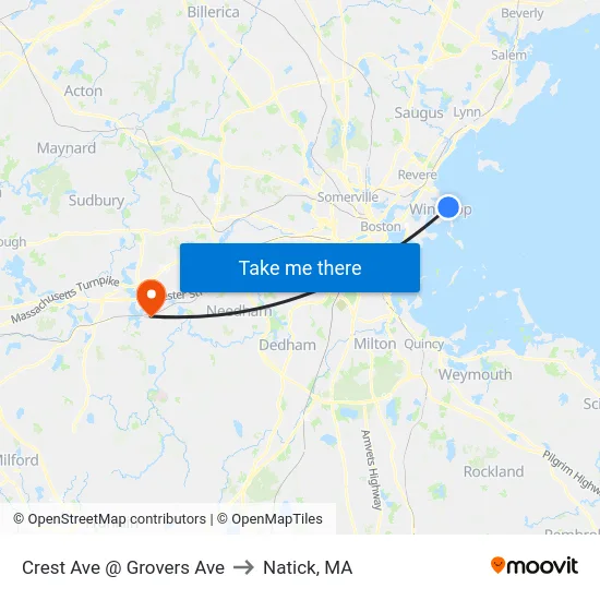 Crest Ave @ Grovers Ave to Natick, MA map
