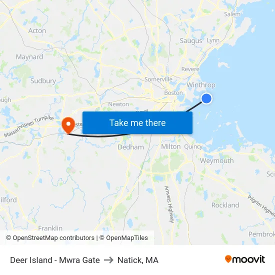 Deer Island - Mwra Gate to Natick, MA map