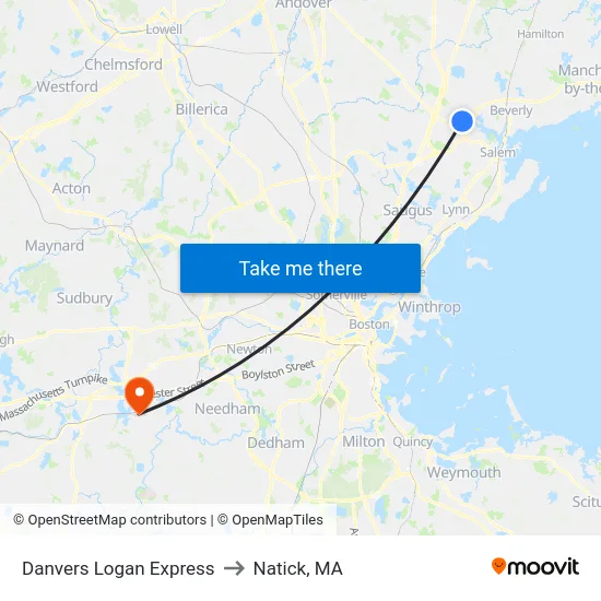 Danvers Logan Express to Natick, MA map