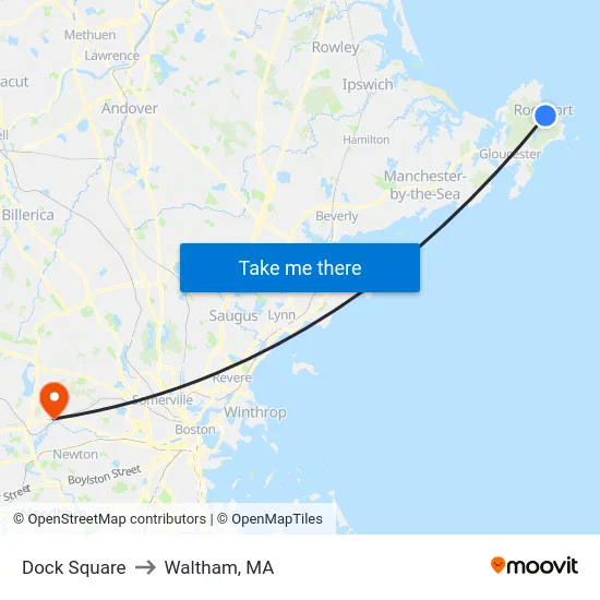 Dock Square to Waltham, MA map