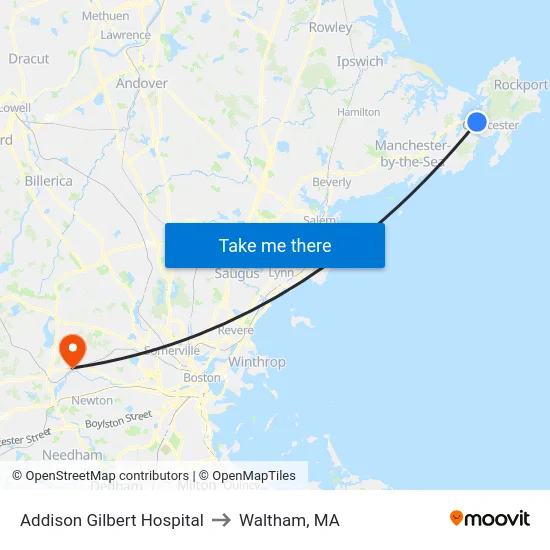 Addison Gilbert Hospital to Waltham, MA map