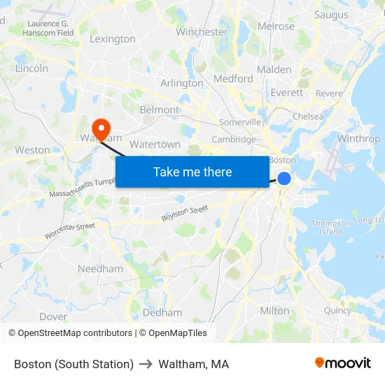 Boston (South Station) to Waltham, MA map