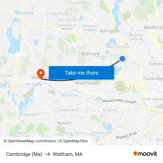Cambridge (Ma) to Waltham, MA map