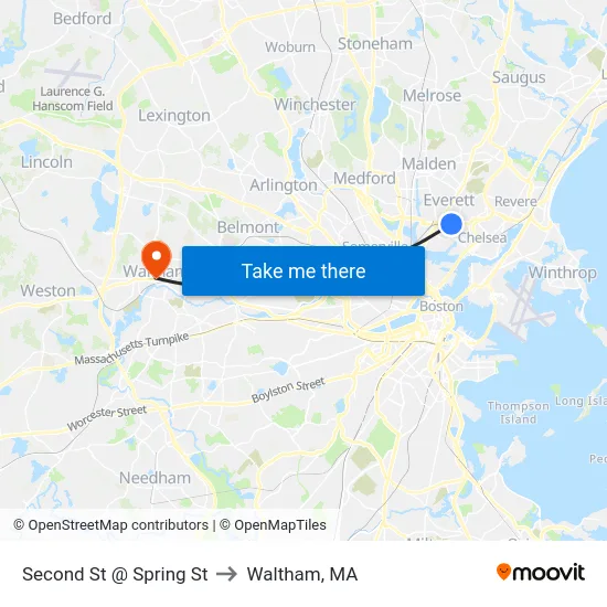 Second St @ Spring St to Waltham, MA map