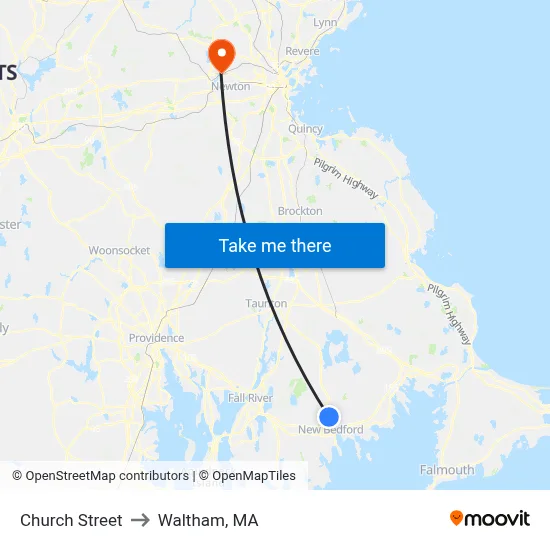 Church Street to Waltham, MA map