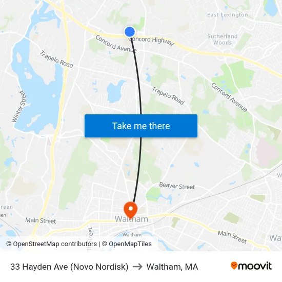 33 Hayden Ave (Novo Nordisk) to Waltham, MA map
