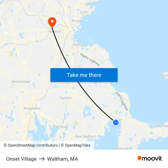 Onset Village to Waltham, MA map
