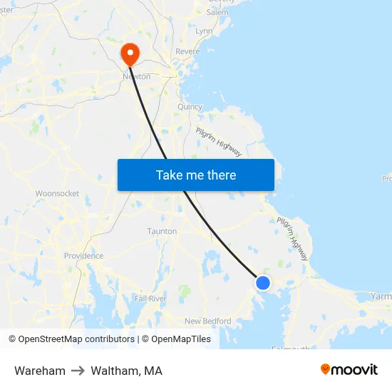 Wareham to Waltham, MA map