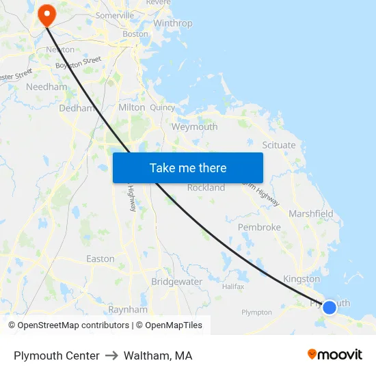 Plymouth Center to Waltham, MA map