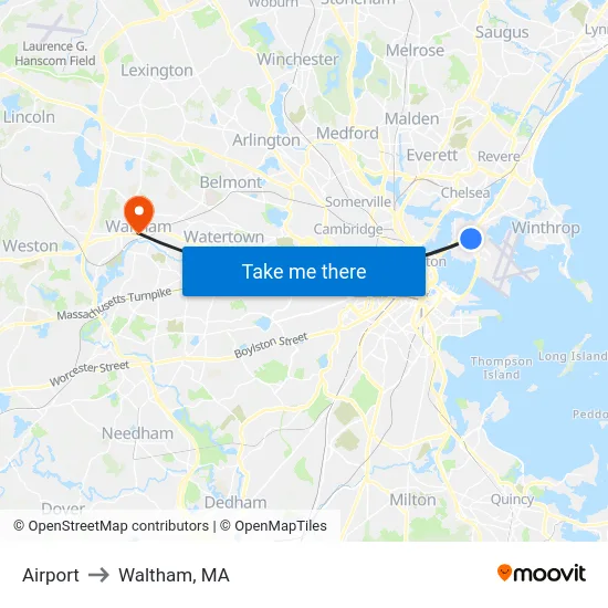 Airport to Waltham, MA map