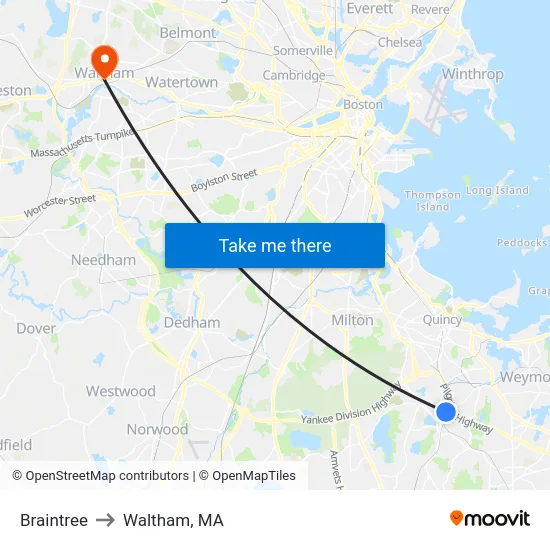 Braintree to Waltham, MA map