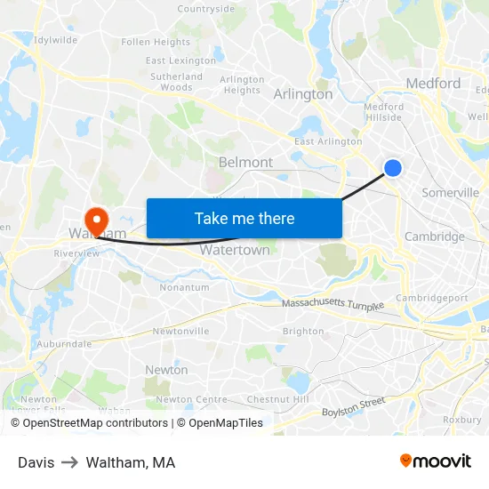 Davis to Waltham, MA map