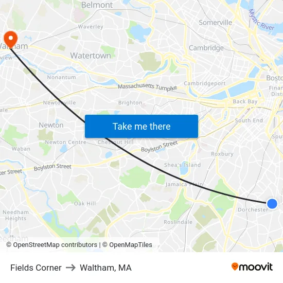 Fields Corner to Waltham, MA map