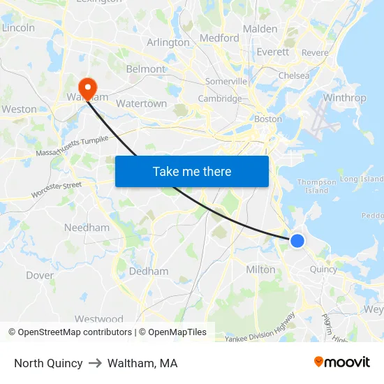 North Quincy to Waltham, MA map