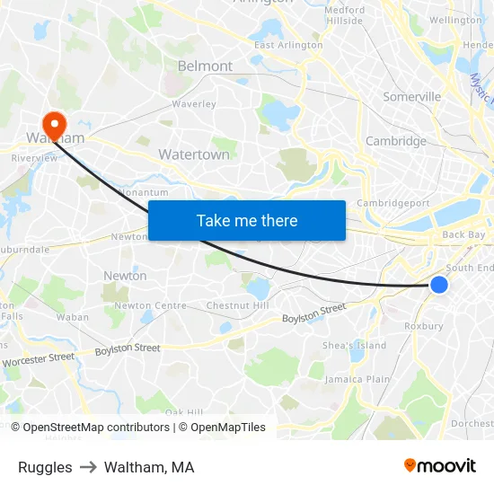 Ruggles to Waltham, MA map