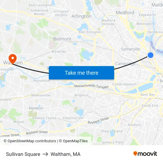Sullivan Square to Waltham, MA map