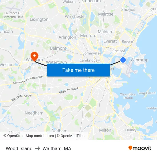 Wood Island to Waltham, MA map