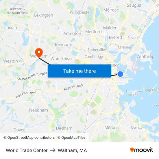 World Trade Center to Waltham, MA map