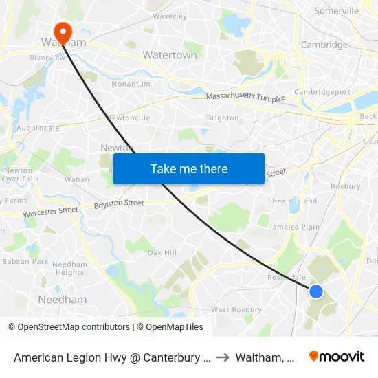 American Legion Hwy @ Canterbury St to Waltham, MA map