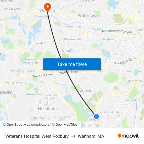 Veterans Hospital West Roxbury to Waltham, MA map