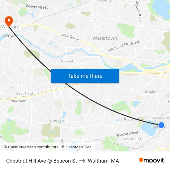 Chestnut Hill Ave @ Beacon St to Waltham, MA map