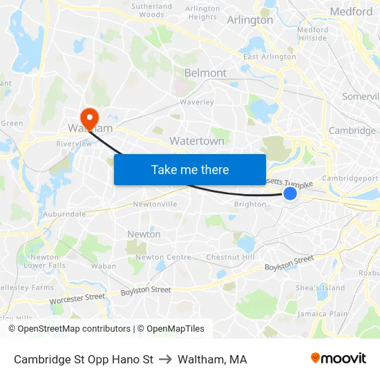 Cambridge St Opp Hano St to Waltham, MA map