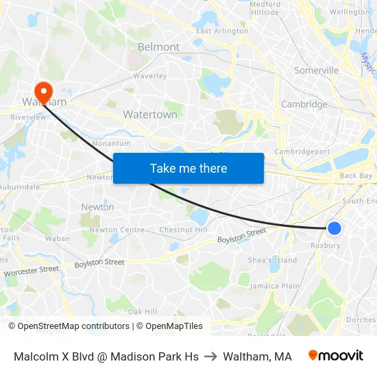 Malcolm X Blvd @ Madison Park Hs to Waltham, MA map