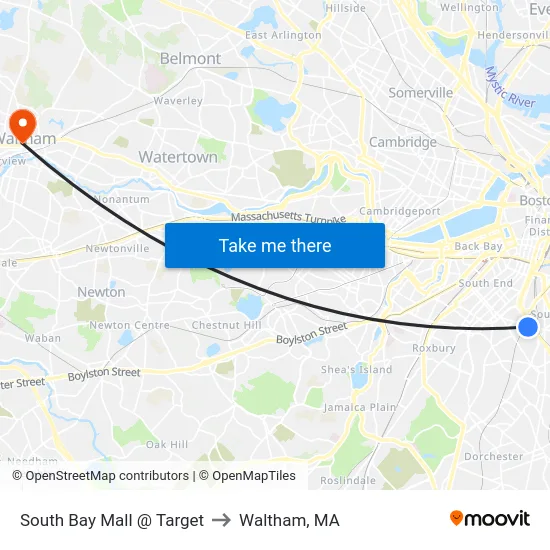 South Bay Mall @ Target to Waltham, MA map