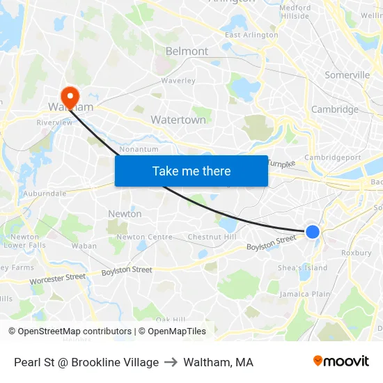 Pearl St @ Brookline Village to Waltham, MA map