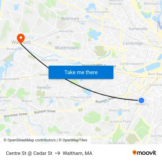 Centre St @ Cedar St to Waltham, MA map