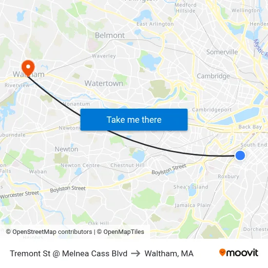 Tremont St @ Melnea Cass Blvd to Waltham, MA map