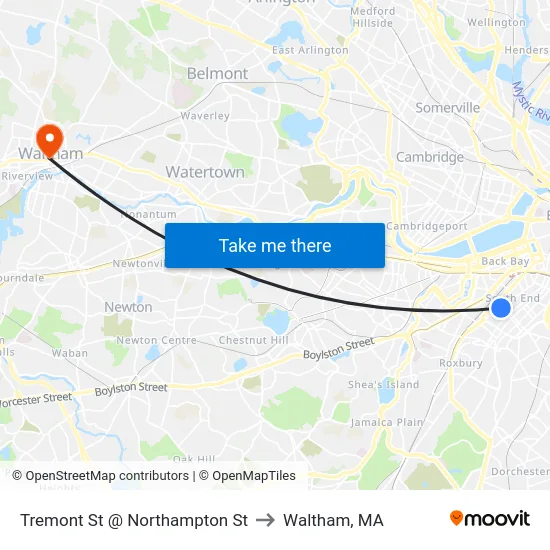 Tremont St @ Northampton St to Waltham, MA map