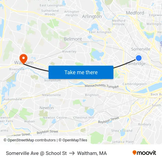 Somerville Ave @ School St to Waltham, MA map