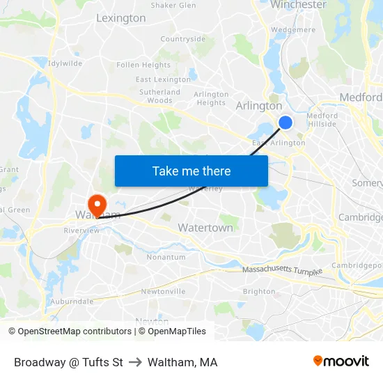 Broadway @ Tufts St to Waltham, MA map