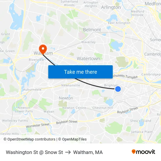 Washington St @ Snow St to Waltham, MA map