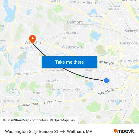 Washington St @ Beacon St to Waltham, MA map